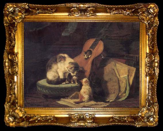 framed  Henriette Ronner Cat,book and fiddle, ta009-2